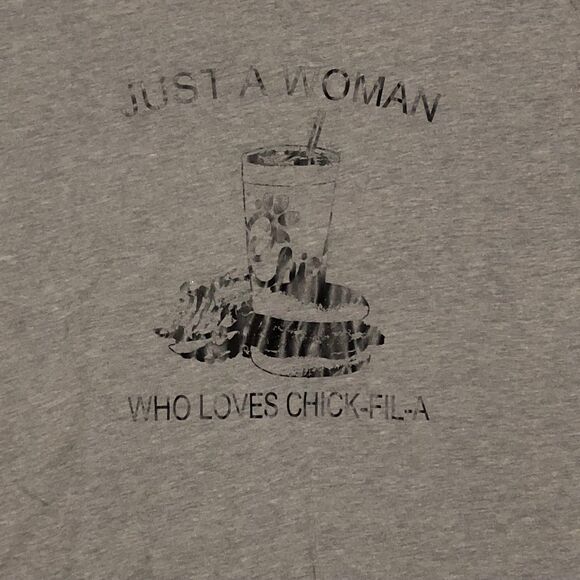Just a Woman Who Loves Her Chick-Fil-A Graphic Tee; Grey & Black Juniors L - Picture 2 of 6